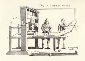 Image of woodblock print artwork of two figures operating a traditional printing press. 